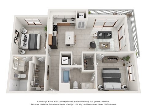 Floor plan for 2 beds, 2 baths, 1033 sqft